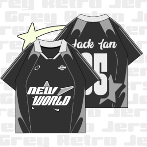 Black and grey retro-inspired sports jersey with "New World" text on the front and personalized name and number on the back. Features star accents and a sleek design, perfect for custom sportswear and team apparel.